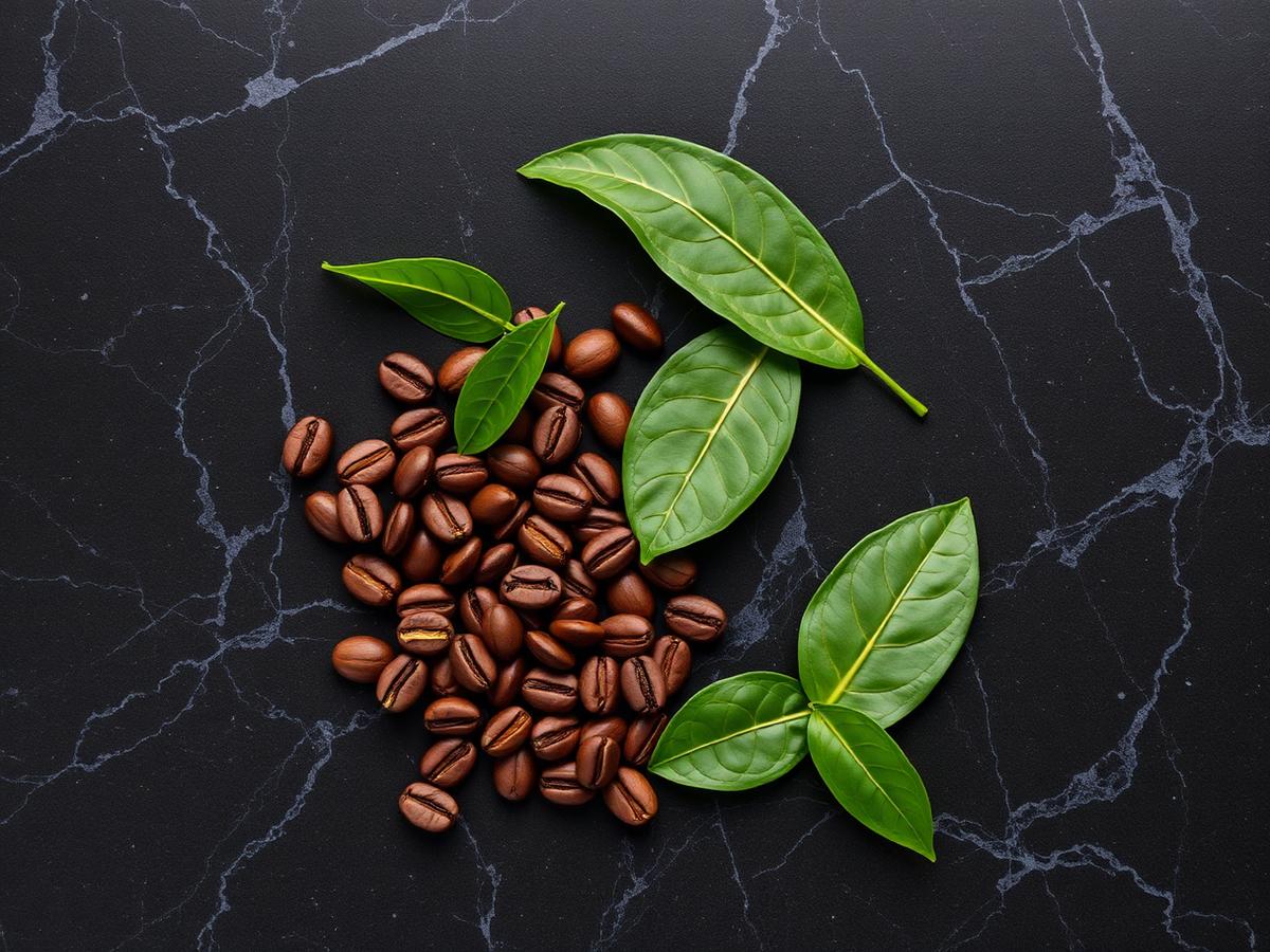 Granos de café y hojas de té negro